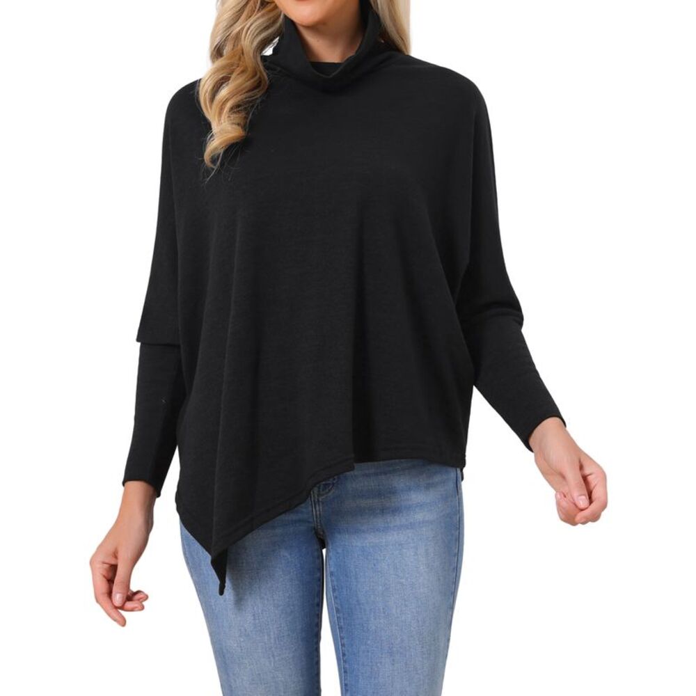 Women's Turtleneck Asymmetrical Top Batwing Sleeve Loose Knit Blouse Black